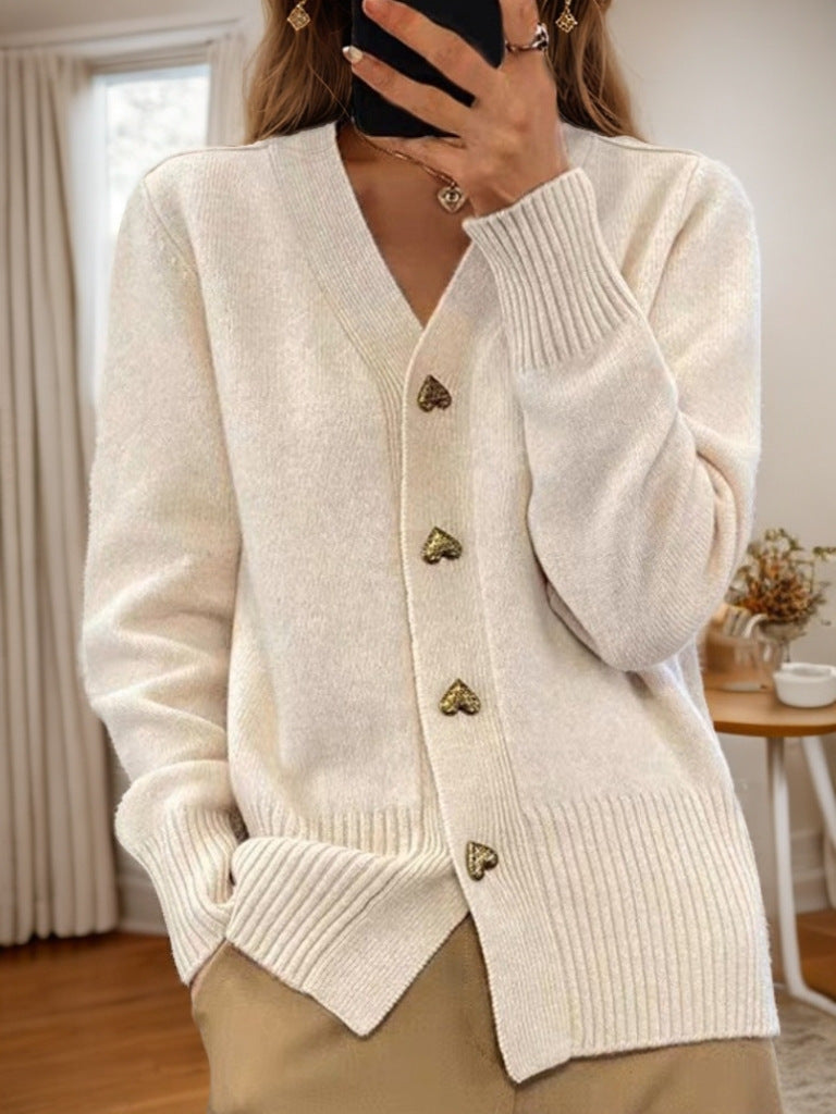 Amoura™ – A V-neck knitted love-button Cardigan