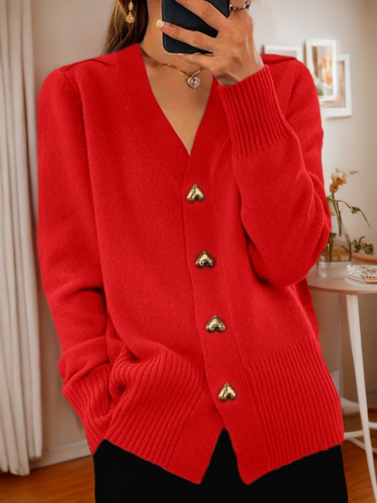 Amoura™ – A V-neck knitted love-button Cardigan