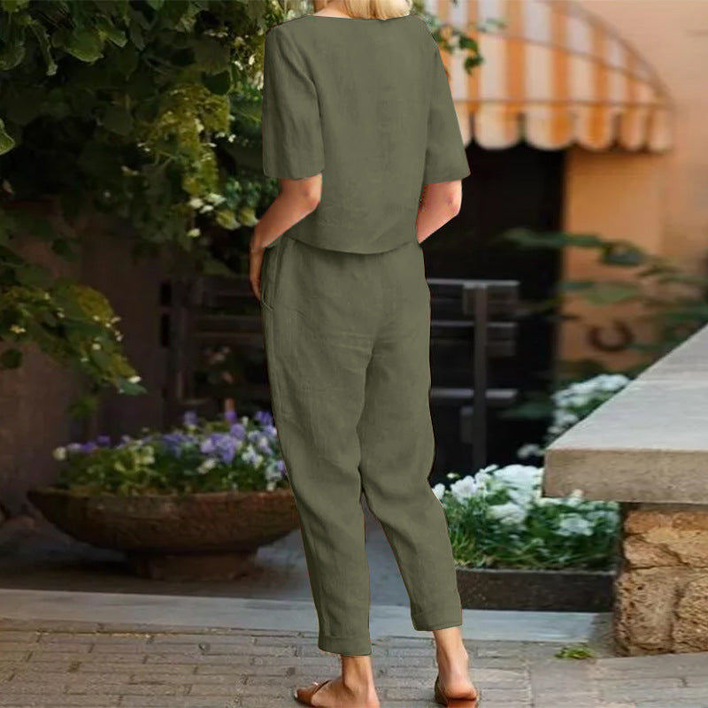 Calyra™ – A chic Cotton and Linen Wide-leg Pants Suit